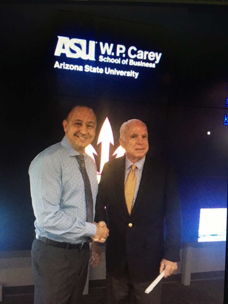Alex Popovic and Senator John McCain one year before his tragic passing. At ASU W.P. Carey School of Business discussing Commerical Real Estate